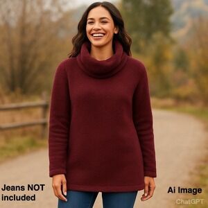 LL Bean Signature Sherpa Tunic Pullover Sweater Burgundy Cowl‎ Neck Oversized